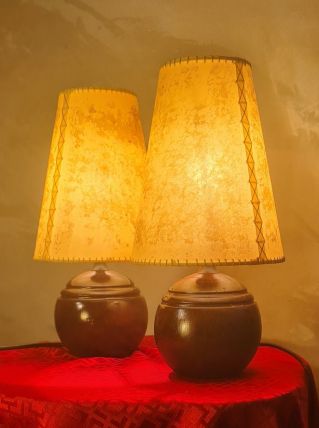 paire lampe boules bois 1960 abat jour parchemin elec refait