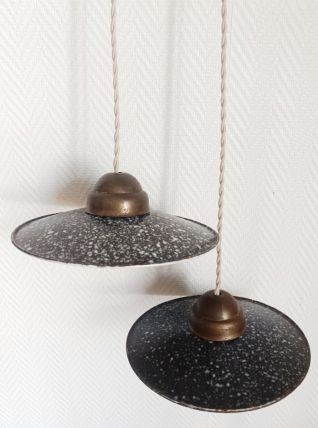Paire de suspensions industrielles en tôle émaillée vintage 