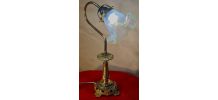 lampe bronze art nouveau tulipe verre dentelle bleu transluc
