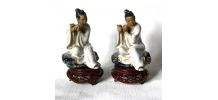 Lot de 2 joueurs de flute, musiciens asiatiques vintage