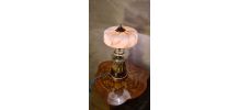 lampe 1900 laiton bronze bois, abat jour opaline marbré 43x2