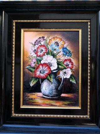 Tableau de fleurs en émail de Limoges signé al!herlig