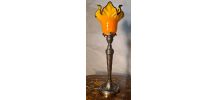 lampe bronze signé sr 1900 tulipe opaline jaune bordé de noi