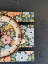 Horloge vintage pendule murale silencieuse Fleurs bleu vert