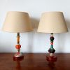 Paire de lampes modernistes vintage pierre et bois 