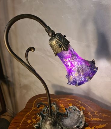 lampe fonte acier patiné bronze et tulipe peint 38x24 style 