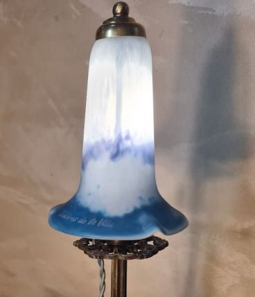 lampe bronze art nouveau tulipe pate de verre signé lumieres