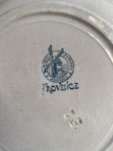 3 assiettes plates terre de fer à la bordure fleurie verte.