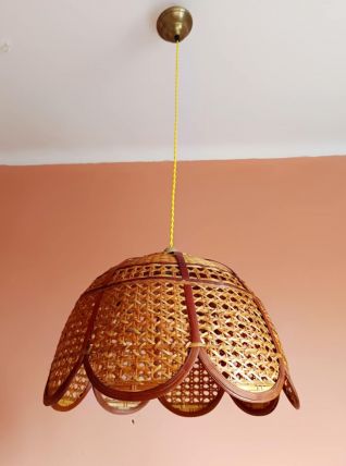 Grande suspension cannage et rotin bohème vintage 1970 