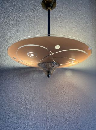 Suspension vintage 1950 coupole verre rose plafonnier - 39 x