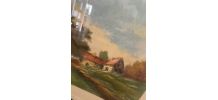 Lithographie ancienne paysage de campagne  signée .