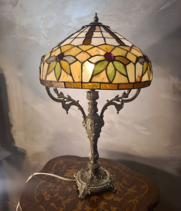 lampe bronze rocaille ancien 19eme  avec jolie abat jour ver