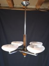 Lustre art deco chrome et opaline rose pale 