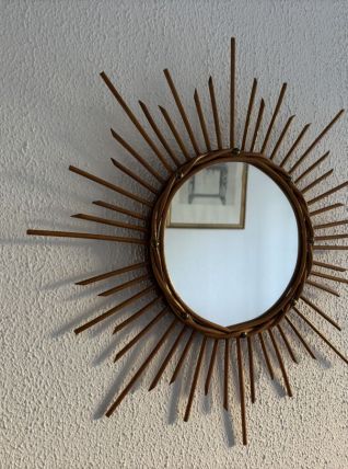 Miroir vintage 1960 soleil rotin osier - 55 cm