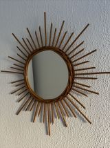 Miroir vintage 1960 soleil rotin osier - 55 cm