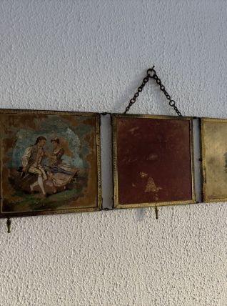 Miroir vintage 1900 triptyque barbier doré scène galante pei
