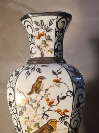 vase aux oiseaux ceramique BOHEMIA porcelaine 1960 37x17 bel