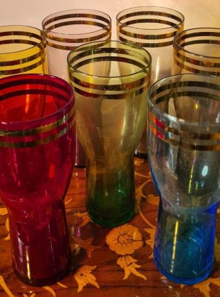  lot 7 grand verres teinté a limonade double liseré or 1950 