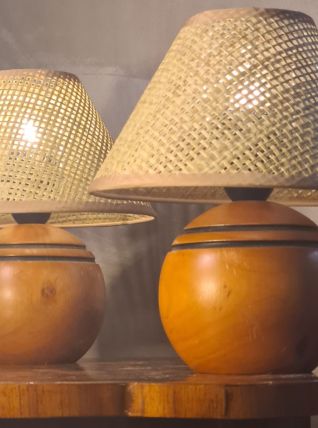 paire lampe boule bois massif  70 a 80 abat jour neuf osier 