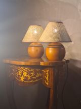 paire lampe boule bois massif  70 a 80 abat jour neuf osier 