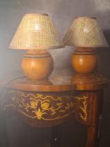paire lampe boule bois massif  70 a 80 abat jour neuf osier 