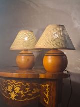 paire lampe boule bois massif  70 a 80 abat jour neuf osier 