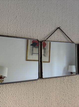 Miroir vintage 1950 triptyque de barbier bleu canard - 22  x