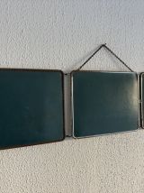 Miroir vintage 1950 triptyque de barbier bleu canard - 22  x
