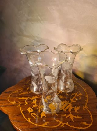  lot de 3tulipes verre gravé ciselé baccarat, art nouveau po