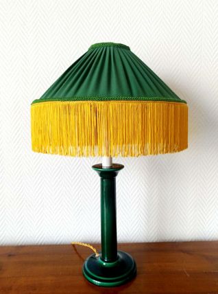 Lampe céramique vert et abat-jour plissé à franges vintage