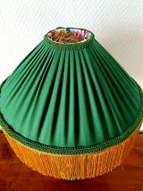 Lampe céramique vert et abat-jour plissé à franges vintage