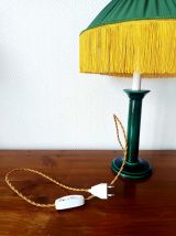 Lampe céramique vert et abat-jour plissé à franges vintage