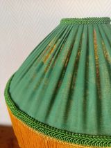 Lampe céramique vert et abat-jour plissé à franges vintage