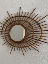 Miroir vintage 1960 soleil rotin osier ORTF spirale design -