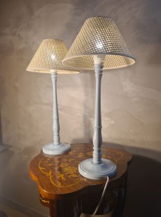 paire de lampes de chevet bois laqué gris bleuté  48x25 aux 