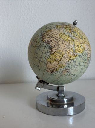 Globe terrestre ancien français – Socle Art Déco chromé – Ci