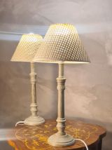 Paire de lampes bois  classic  abat jour osier 44x20 elec ok