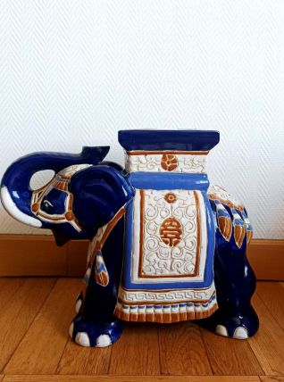 Tabouret ou porte plante éléphant en céramique bleu 
