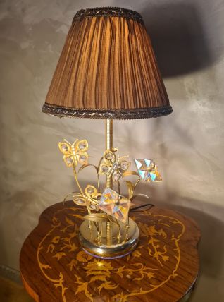 lampe chrome or laiton verre, fleur et papillon 1975 a 80s a