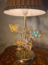 lampe chrome or laiton verre, fleur et papillon 1975 a 80s a
