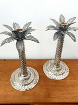 Bougeoirs palmiers vintage en métal argenté 