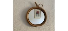 Miroir vintage 1960 pomme rotin osier bambou - 32 x 35 cm