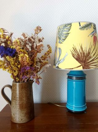 Lampe céramique bleu pieds griffes et abat-jour feuillages