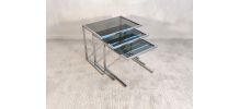 Suite de 3 tables gigognes vintage chrome et verre fumé