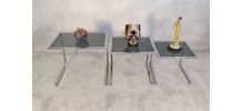 Suite de 3 tables gigognes vintage chrome et verre fumé