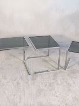 Suite de 3 tables gigognes vintage chrome et verre fumé