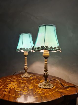 paire de lampes chevet laiton et abat jour en satin 29x14 el