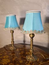 paire de lampes chevet laiton et abat jour en satin 29x14 el