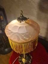 Lampe bronze ancienne abat jour pate de verre rose marbré 51