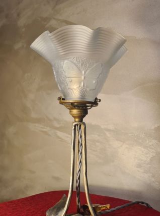 lampe fer nickelé 1900 a 20 tulipe verre papillon 32x16